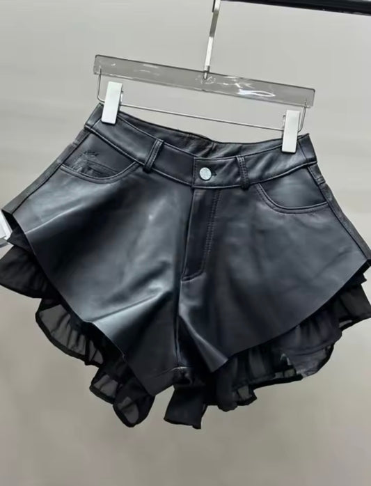 Pleather shorts-sheer ruffle